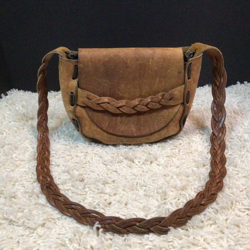 Vintage Leather Purse Braided Boho Shoulder Bag Floral Handbag Flowers 912A